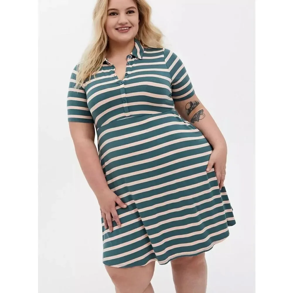 Torrid Super Soft Green Stripe Polo Skater Dress Size 3 NWT - Picture 1 of 5